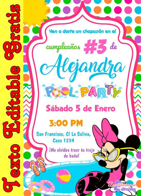 invitación de Minnie Mouse Fiesta de Piscina