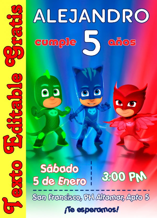 Invitación Editable de PJ Masks Heroes en Pijamas