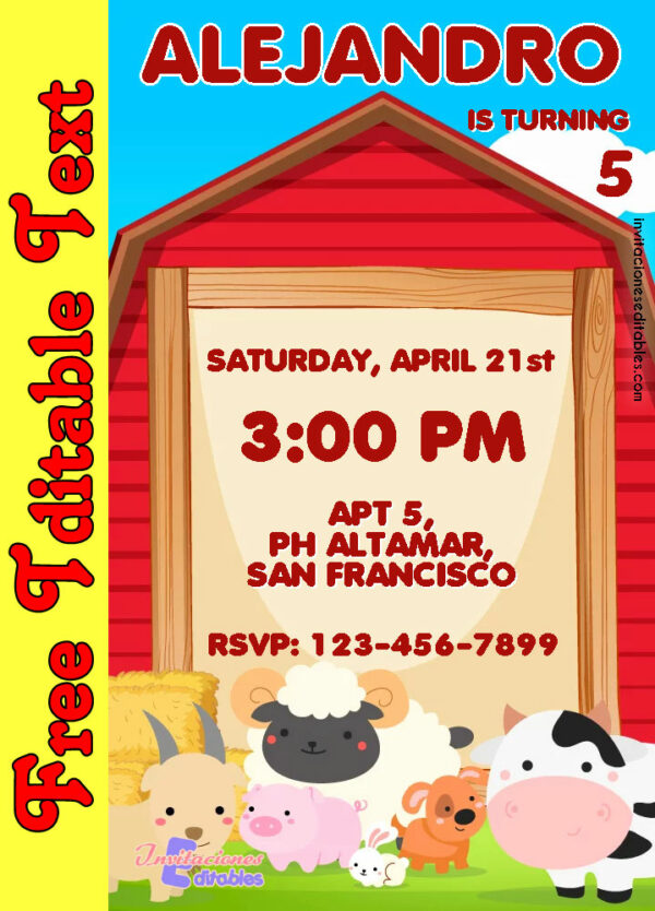 Free Farm Animals Invitation for boy to edit