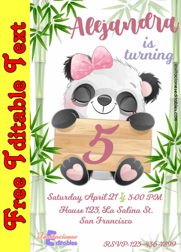 Free Panda Invitation for girl to edit