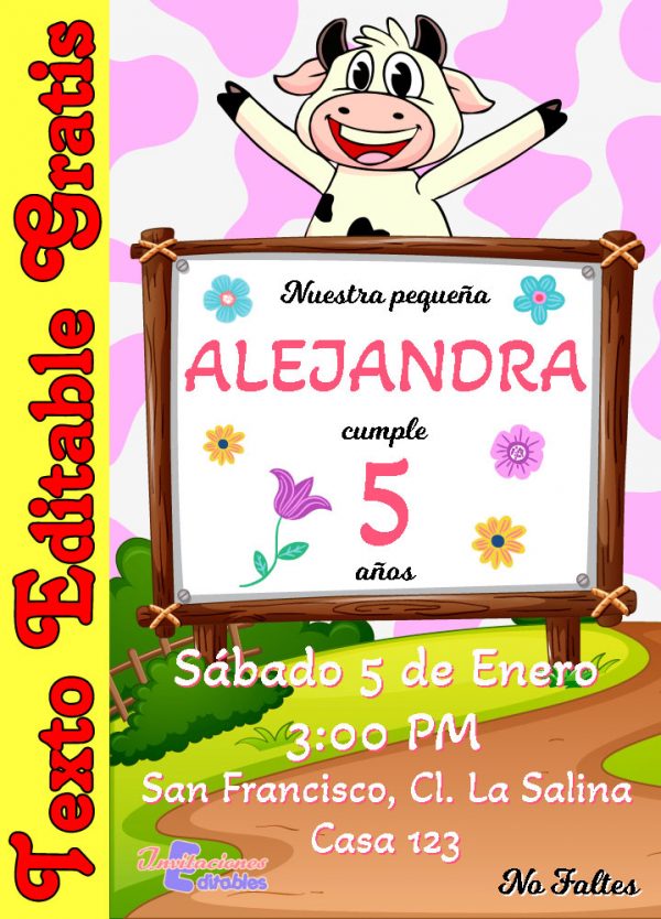Invitación de la Vaca Lola editable