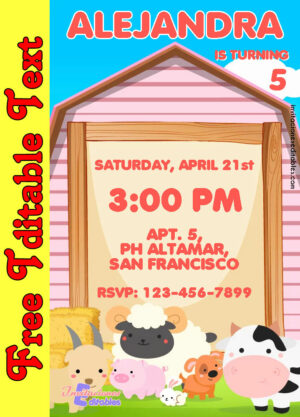 Free Farm Animals Invitation for girl to edit