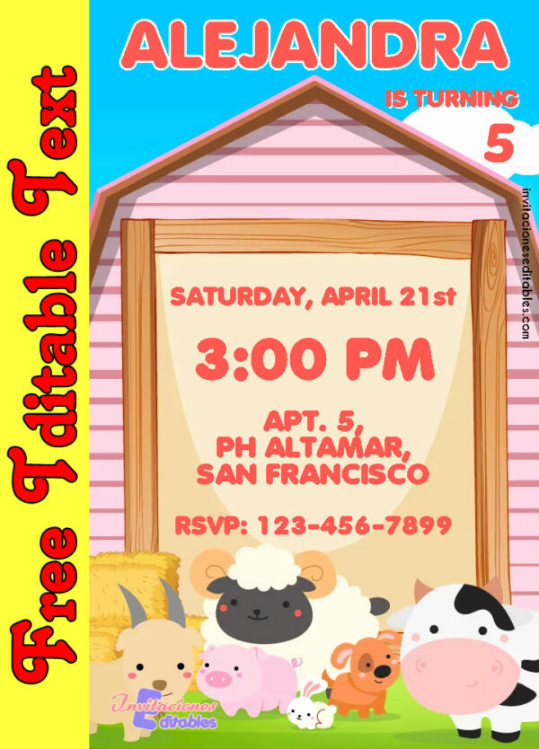 Free Farm Animals Invitation for girl to edit