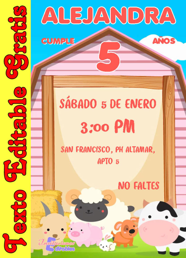 Invitación de Animales de la Granja (Niña) para editar