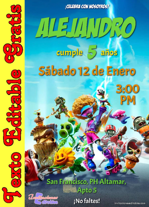 Invitación de Plantas vs Zombies para editar