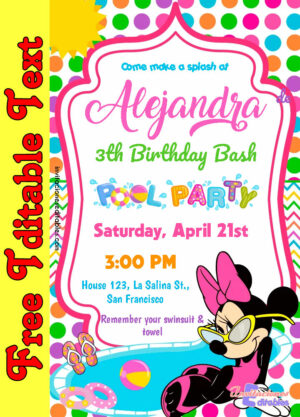 Free Minnie Mouse Pool Party Invitation to edit