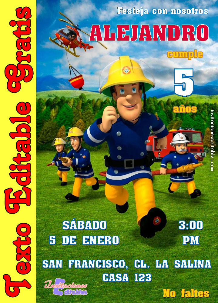 Invitación de Sam El Bombero 01 Gratis - Invitaciones Editables 2023